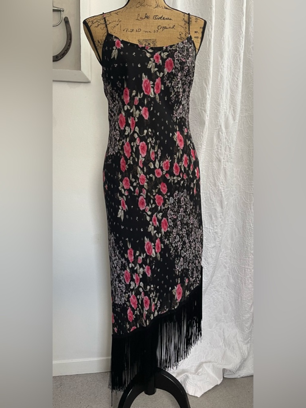 Oblique Petite Y2K Floral Fringe Hem Slip Dress Midi Length Size 6